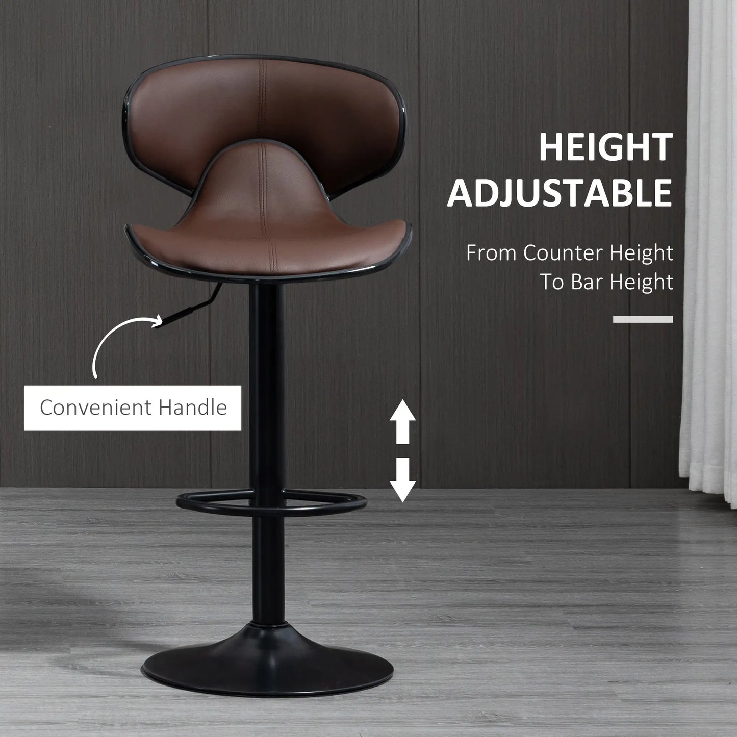 HOMCOM Adjustable Swivel Bar Stools Set of 2, Barstools with Footrest and Backrest, Steel Frame Gas Lift, for Kitchen, Dining Room, Brown