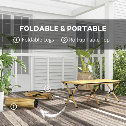 Outsunny 4ft Aluminium Portable Folding Camping Table with Roll-Up Top, Picnic Table for Indoor, Outdoor, Party, BBQ, Wood Effect