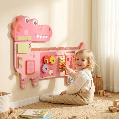 AIYAPLAY Busy Board Panels, Wall Mounted Montessori Inspired, Toddler Learning Centre Dinosaur Theme, Pink