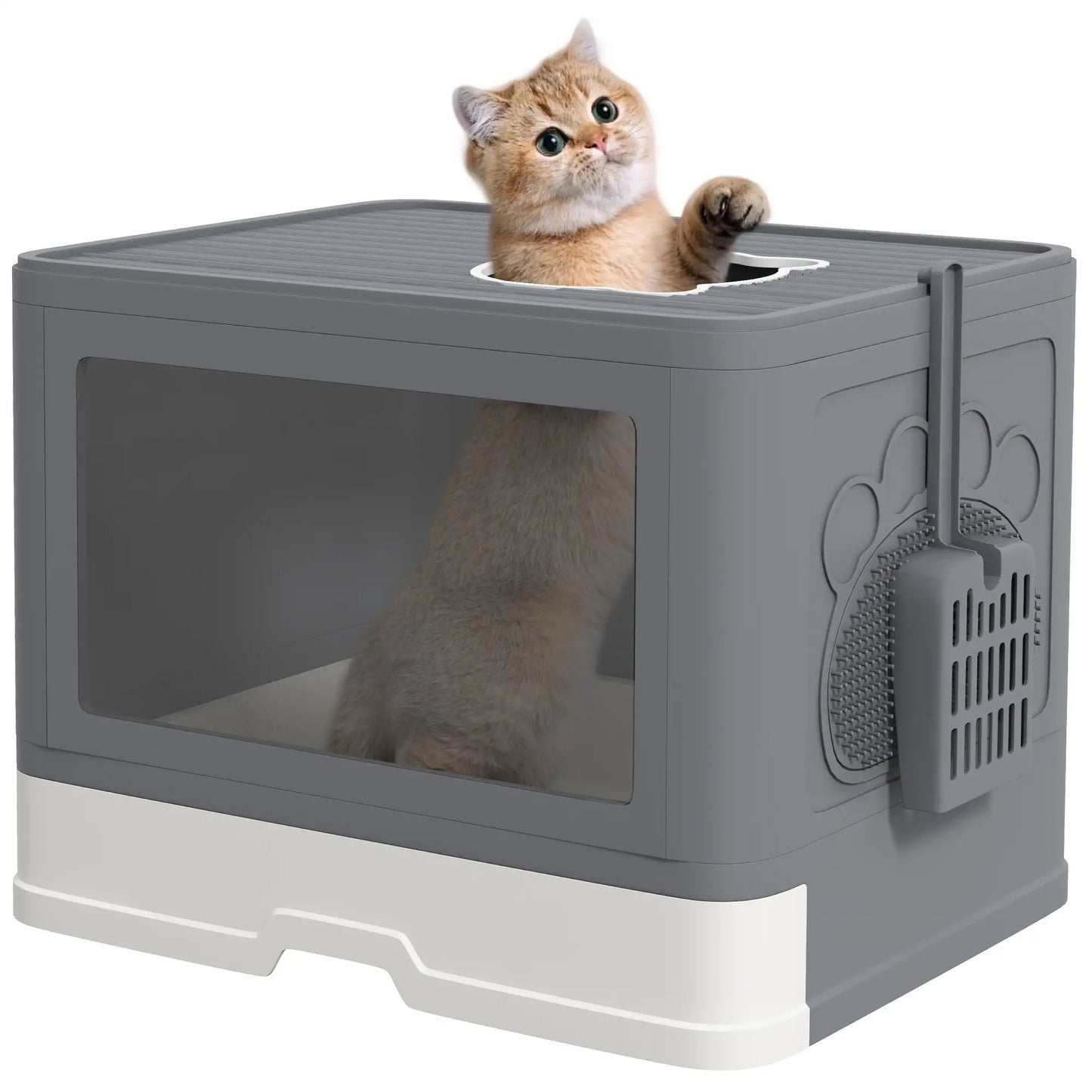 PawHut Enclosed Cat Litter Box with Lid, Front Entry, Top Exit, Drawer, Tray, Scoop, Brush - Grey