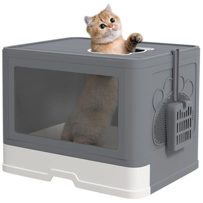 PawHut Enclosed Cat Litter Box with Lid, Front Entry, Top Exit, Drawer, Tray, Scoop, Brush - Grey