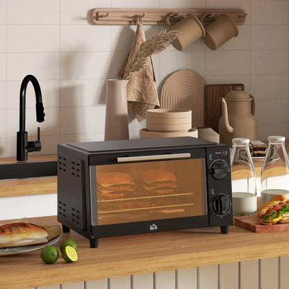 HOMCOM Mini Oven, 9L Countertop Electric Grill, Toaster Oven with Adjustable Temperature, Timer, Baking Tray, 750W