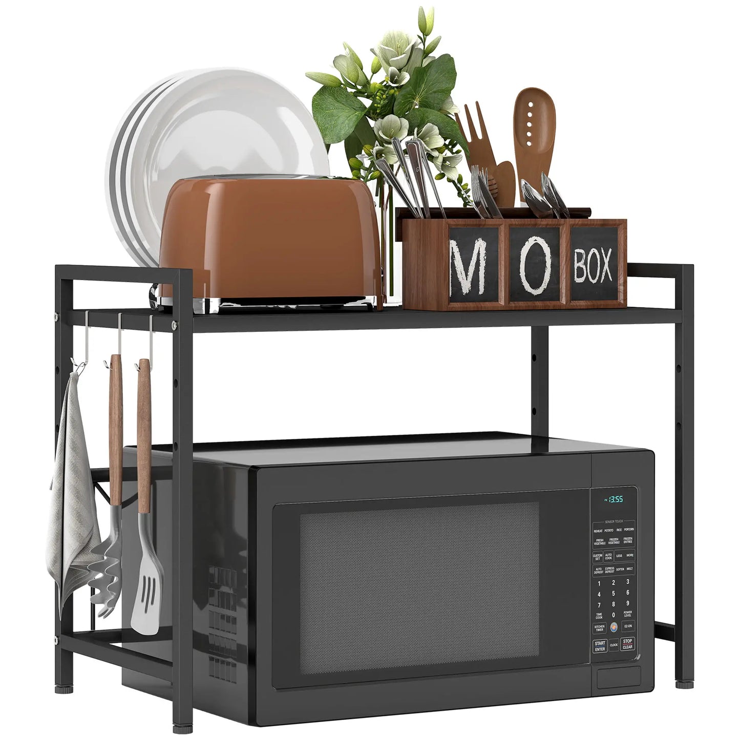 HOMCOM Kitchen Expandable Microwave Oven Rack Counter Organiser with 3 Hooks - Black