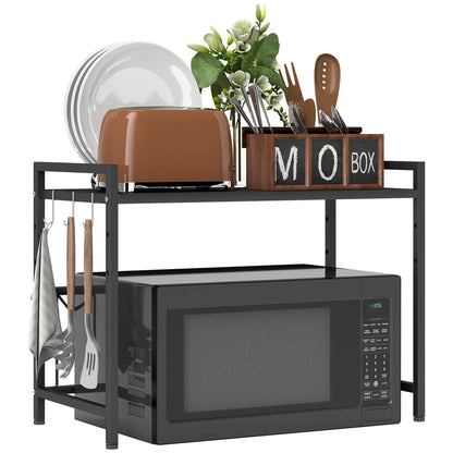 HOMCOM Kitchen Expandable Microwave Oven Rack Counter Organiser with 3 Hooks - Black