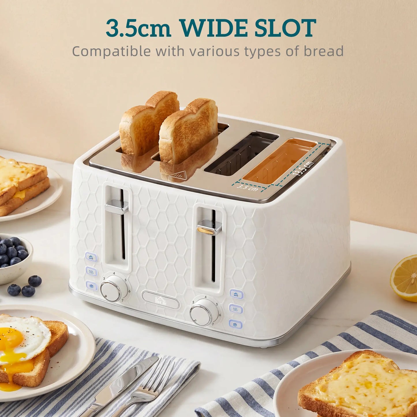 HOMCOM Rapid Kettle & Toaster Set, 1.7L 3000W, 4 Slice Toaster with 7 Browning Controls, Cream