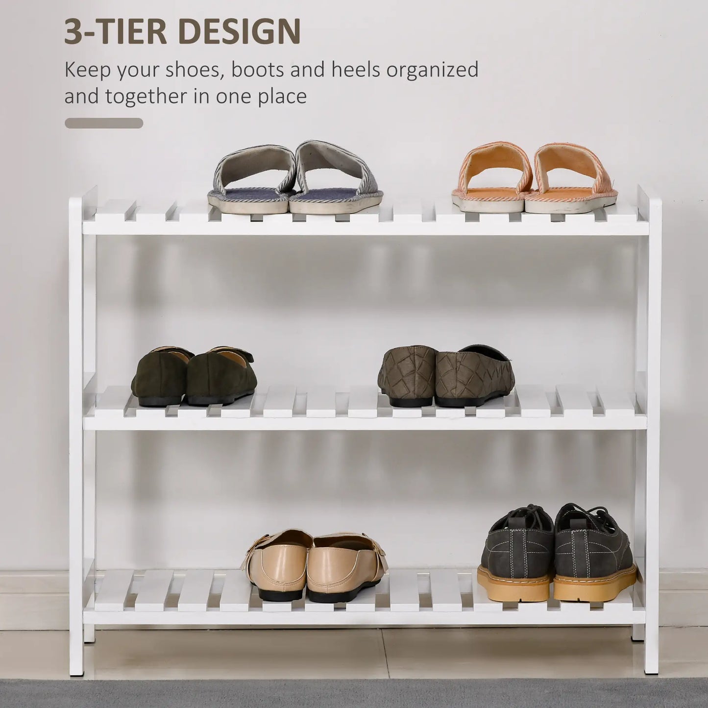 HOMCOM 3-Tier Shoe Rack Wood Frame Slatted Shelves Spacious Open Hygienic Storage Home Hallway Furniture - White