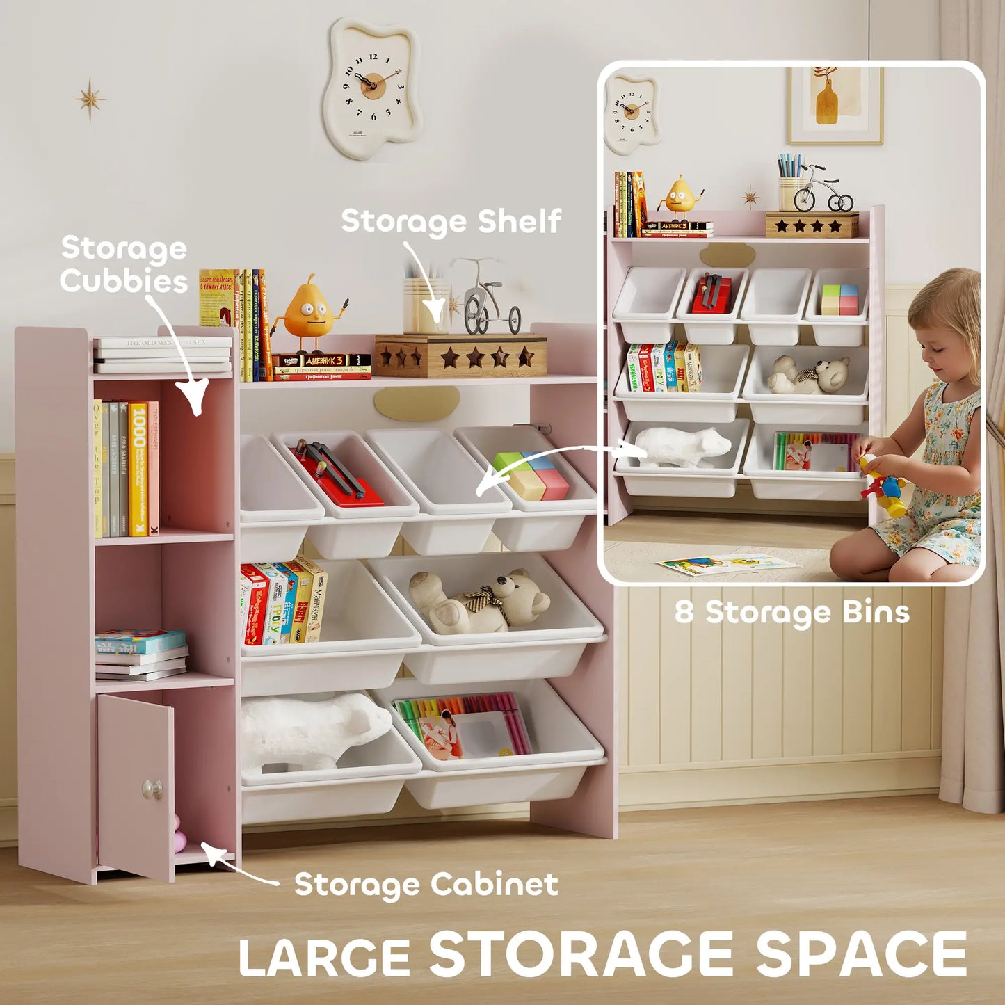 AIYAPLAY Kids Toy Storage Unit with 8 Removable Bins, Storage Shelves, Cabinet, Pink