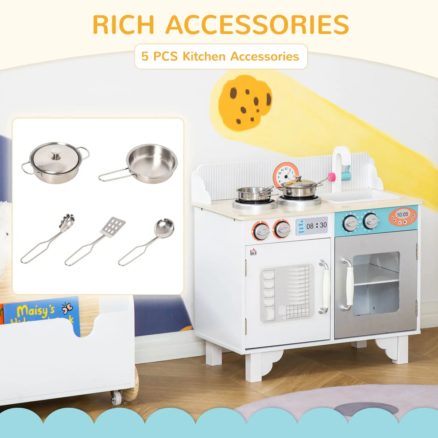 HOMCOM Kids Wooden Play Kitchen Toy Cooking Set Pretend Role Playset, Cooking Bench, Stainless Steel Pot for 3-6 Years