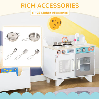 HOMCOM Kids Wooden Play Kitchen Toy Cooking Set Pretend Role Playset, Cooking Bench, Stainless Steel Pot for 3-6 Years