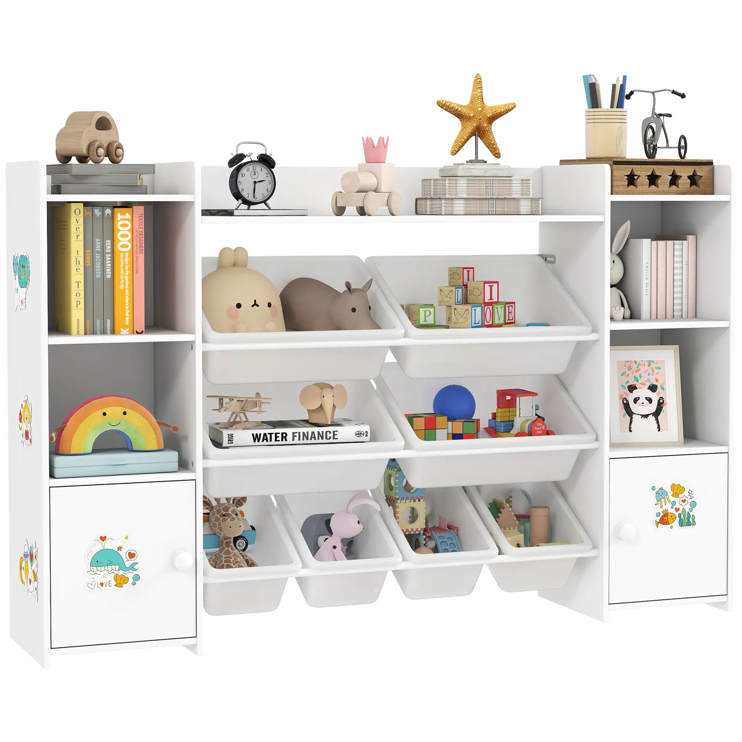 AIYAPLAY Kids Toy Organizers with 8 Removable Storage Bins and Bookshelf, White