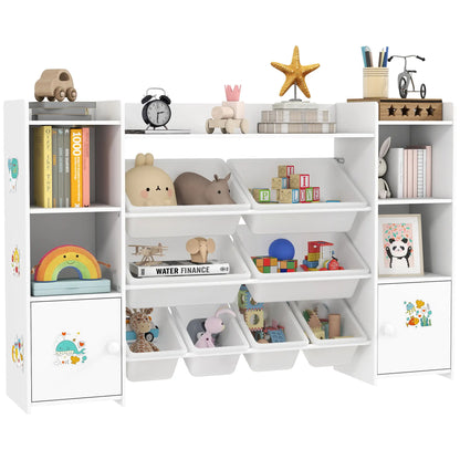 AIYAPLAY Kids Toy Organizers with 8 Removable Storage Bins and Bookshelf, White