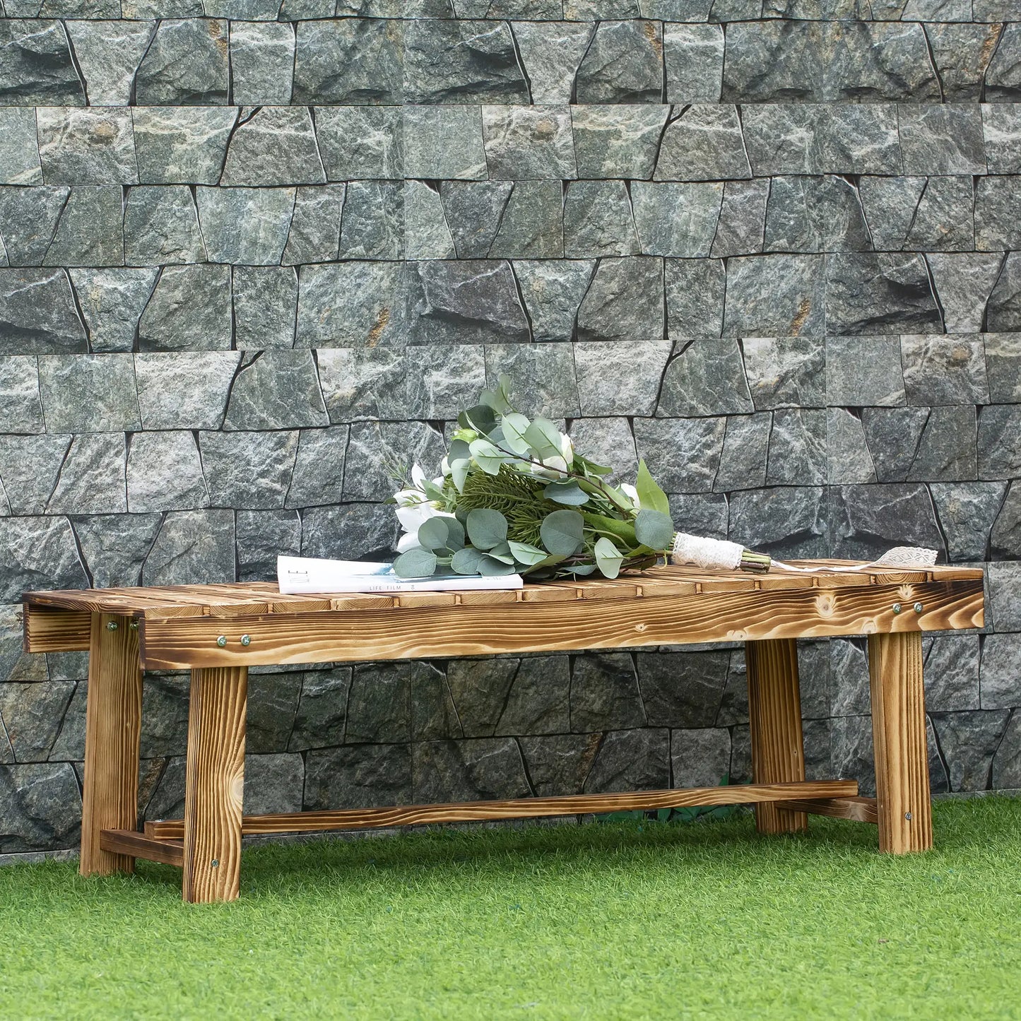 Outsunny 1 Piece 2-Seater Outdoor Indoor Wooden Garden Bench Fir Patio Loveseat, Carbonised