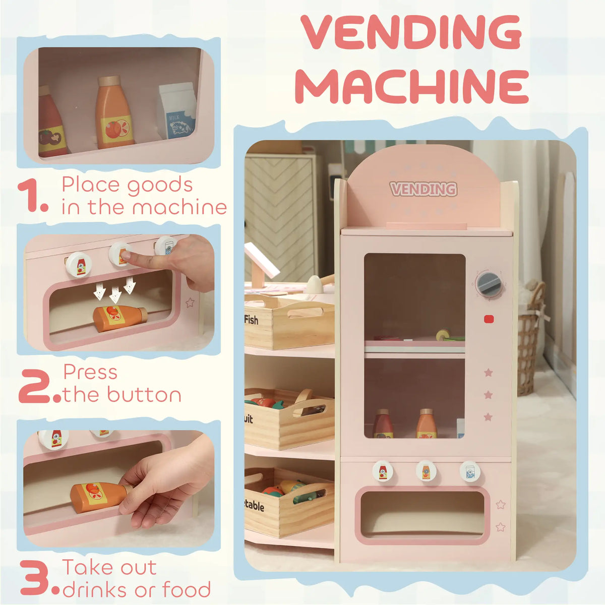 AIYAPLAY Kids Grocery Store, Children Supermarket Playset with Cash Register, Display Shelves