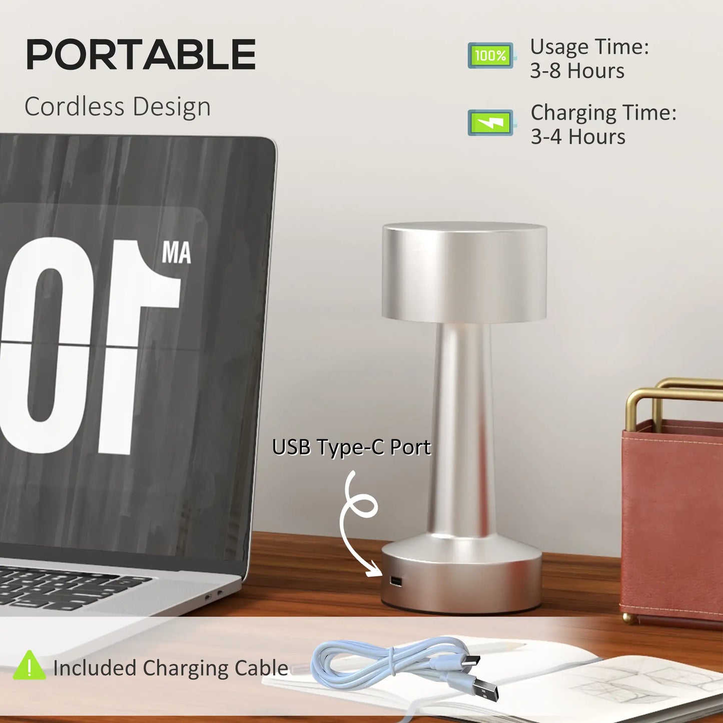 HOMCOM Cordless Table Lamp, Touch LED Desk Lamp with Rechargeable Battery, 3 Colour - Silver