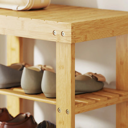 HOMCOM Two Shelf Bamboo Shoe Storage Bench Home Furniture - Natural Finish