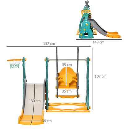 HOMCOM 3-IN-1 Kids Swing & Slide Set with Basketball Hoop Slide Swing Adjustable Seat Height Toddler Activity Indoor & Outdoor Play