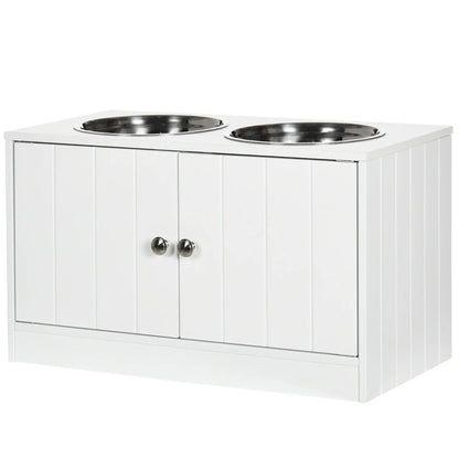 PawHut Raised Dog, Pet Feeder with Two Bowls, Storage - White