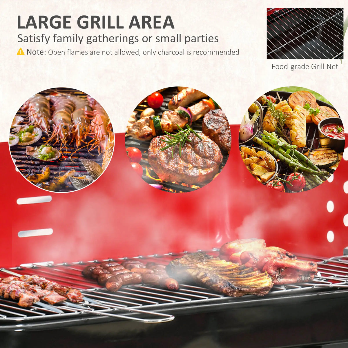 Outsunny Charcoal Trolley BBQ Barbecue Grill Garden Picnic Party Outdoor Cooking with Windshield, Black/Red