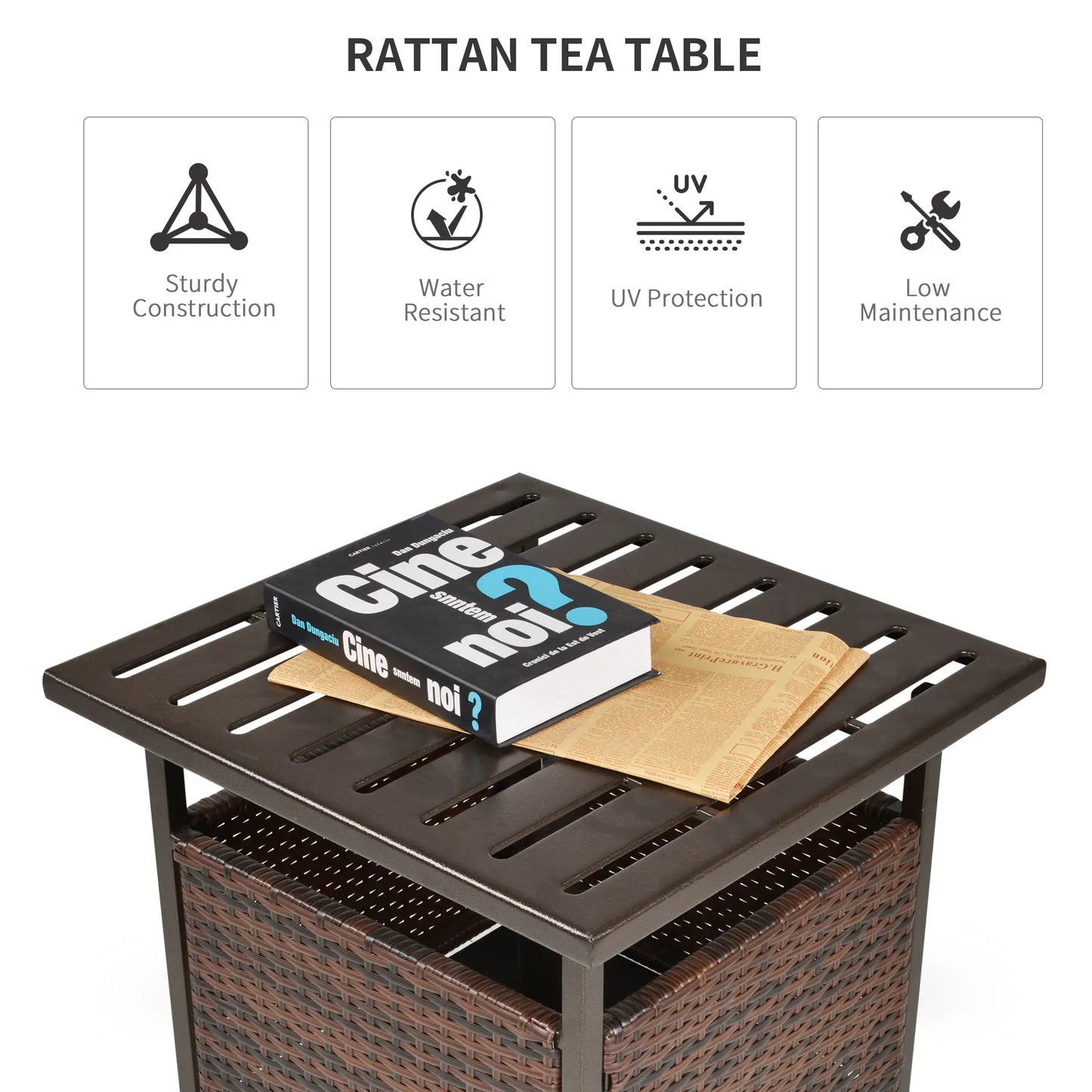 Rattan Garden Coffee Table, Square Wicker Patio Side Table with Umbrella Hole, Metal Bottom for Outdoor, Brown