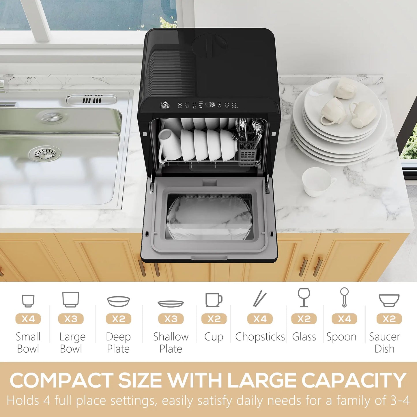 HOMCOM Table Top Dishwasher with Built-in 6L Water Tank, Mini Countertop Dishwasher with 6 Programs, Black
