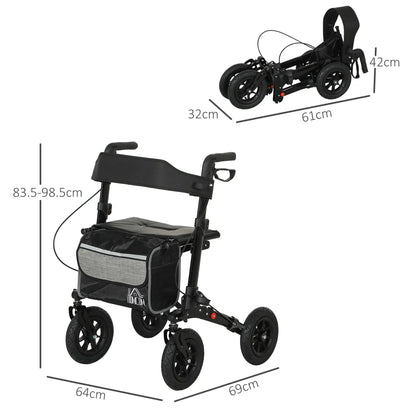 HOMCOM 4 Wheeled Folding Rollator Walker with Padded Seat, Backrest, Lightweight Walking Frame with Storage Bag, Dual Brakes for Seniors