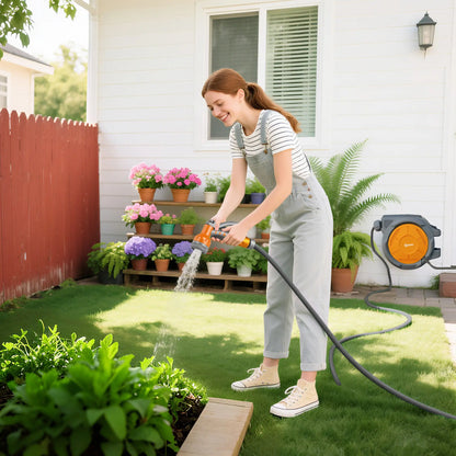 Outsunny Retractable Hose Reel Wall Mounted, 30+2m Garden Hose Pipe Reel with Lock, Auto Rewind, Orange