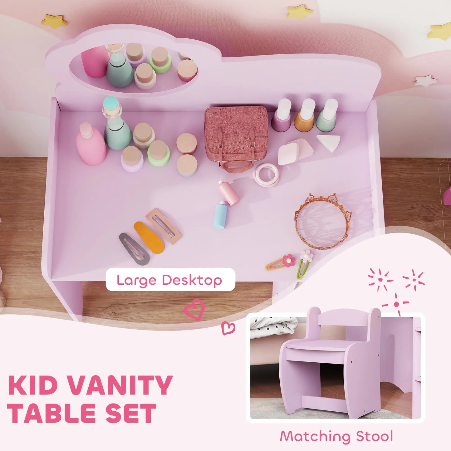 AIYAPLAY Kids Dressing Table with Mirror, Stool, Kids Vanity Table with Shelves for Ages 3-8 Years, Pink