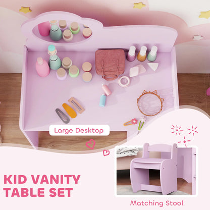 AIYAPLAY Kids Dressing Table with Mirror, Stool, Kids Vanity Table with Shelves for Ages 3-8 Years, Pink