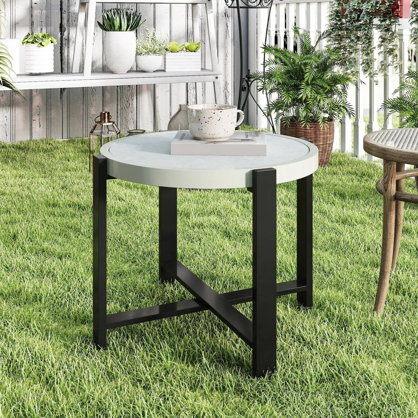 Outsunny Round Small Garden Outdoor Side Table with Faux Marble Tempered Glass Top, Aluminium Frame, Light Grey