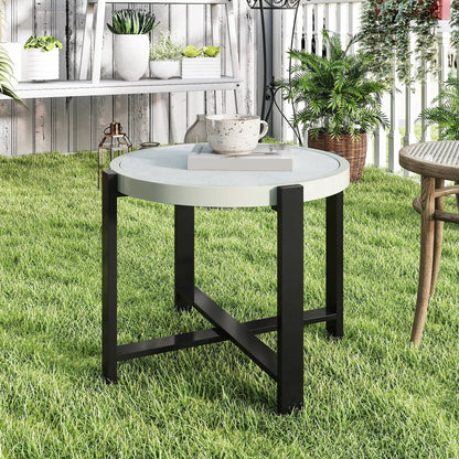 Outsunny Round Small Garden Outdoor Side Table with Faux Marble Tempered Glass Top, Aluminium Frame, Light Grey