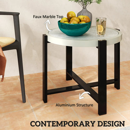 Outsunny Round Small Garden Outdoor Side Table with Faux Marble Tempered Glass Top, Aluminium Frame, Light Grey