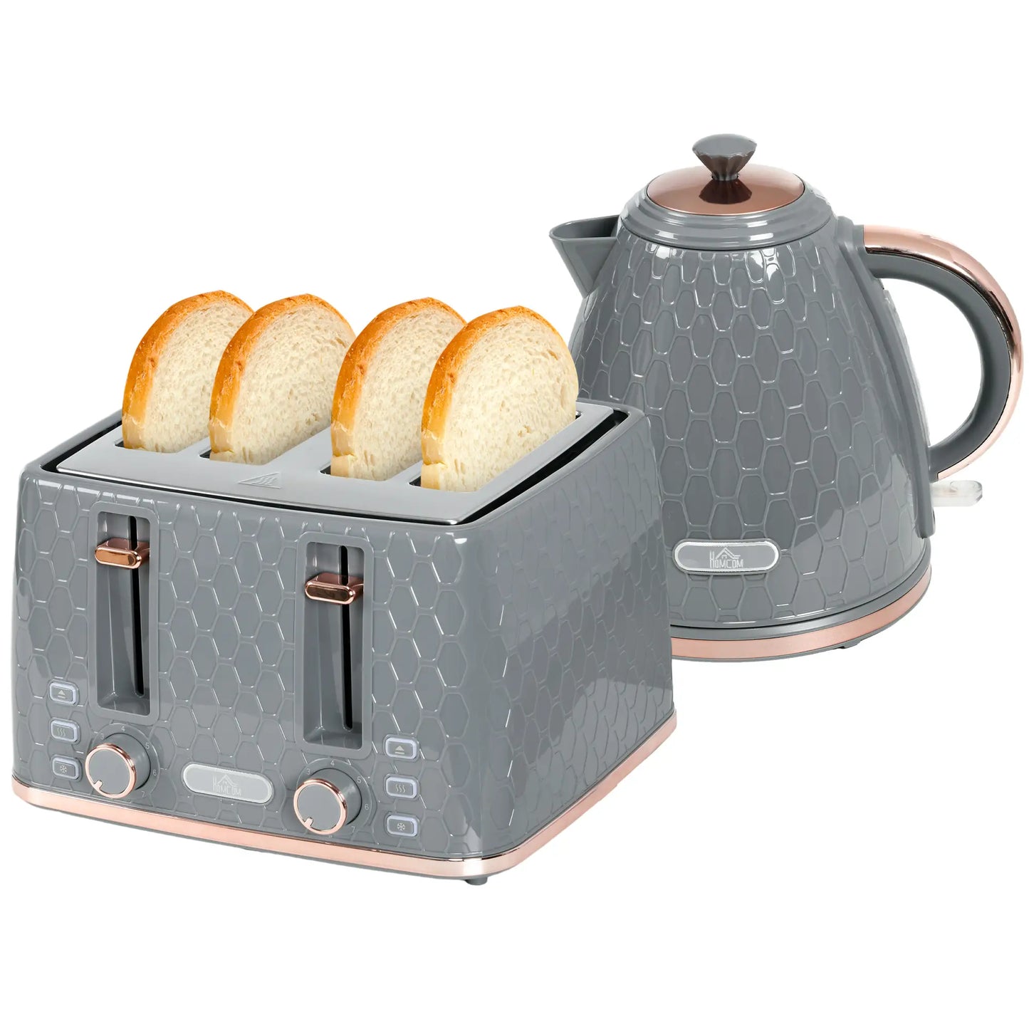 HOMCOM 1.7L 3000W Fast Boil Kettle & 4 Slice Toaster Kitchen Set with 7 Browning Controls, Crumb Tray, Grey