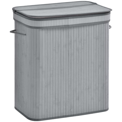 HOMCOM 100L Natural Wood Laundry Basket Compartment w/Flip Lid Removable Lining Handles Foldable, Dirty Clothes Storage, Grey