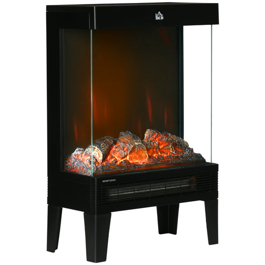 HOMCOM 180° Charming Electric Fireplace Heater, Quiet Freestanding Stove with LED Flame Effect, Overheating Protection, Black