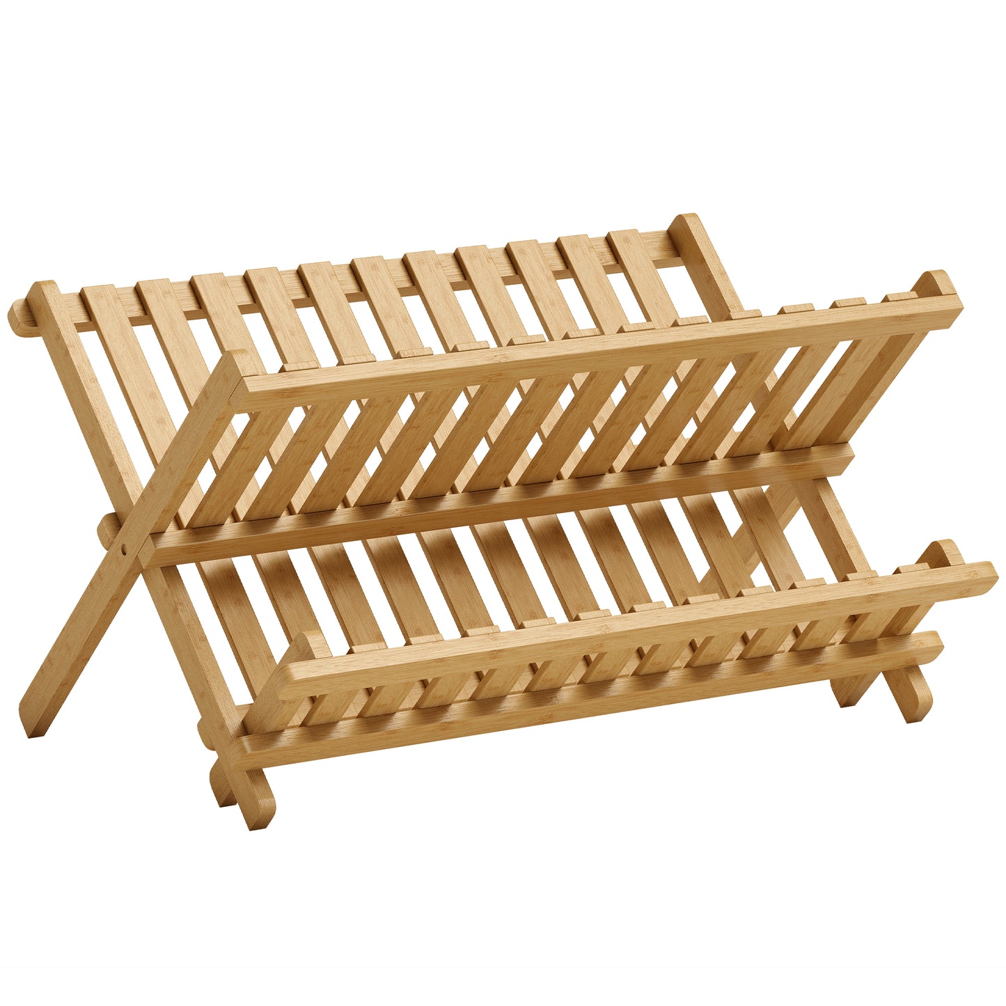HOMCOM 2-Tier Foldable Kitchen Storage Rack with Slatted Draining Shelves, Natural Wood Finish