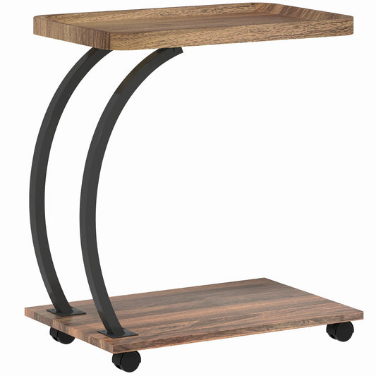 HOMCOM 2-Tier Mobile C-Shaped Side Table - Brown