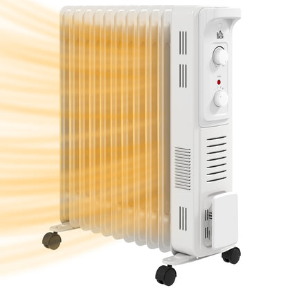 HOMCOM 2.5kW 11 Fin Oil-Filled Radiator, Portable Tower Heater, Auto Shut-Off - White