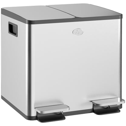 HOMCOM 30L Dual Compartment Stainless Steel Kitchen Bin with Deodoriser Holders - Silver Tone