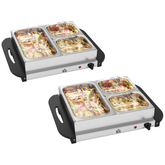 HOMCOM 4.5L Stainless Steel Electric Buffet Server with 3x Trays and Lids, Set of 2