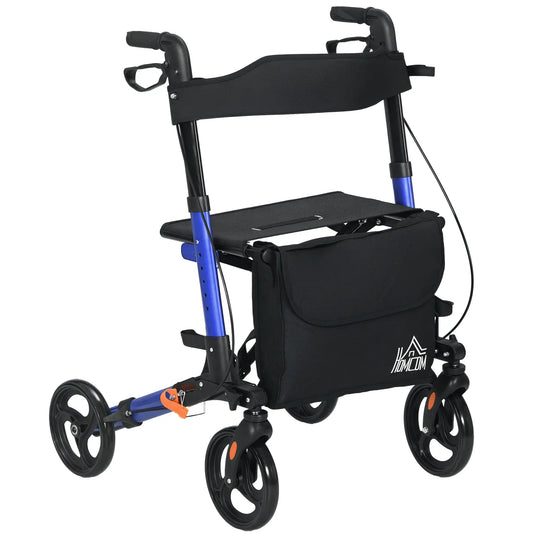 HOMCOM 4 Wheel Rollator with Seat and Back, Folding Mobility Walker with Carry Bag, Adjustable Height, Walking Frame for Seniors, Blue