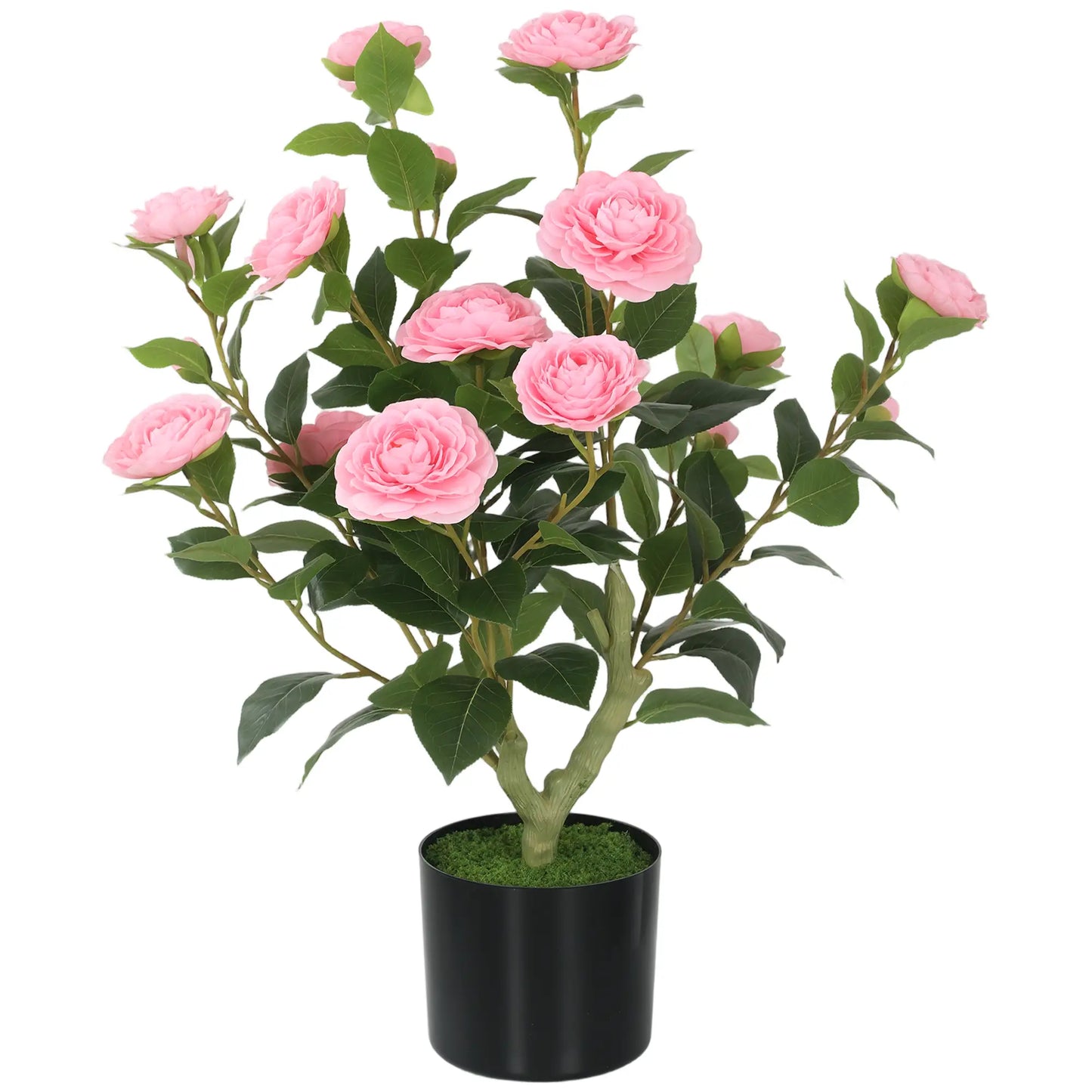 HOMCOM Artificial Camellia Flower Plant in Pot with 116 Lush Leaves & Moss Effect, Pink