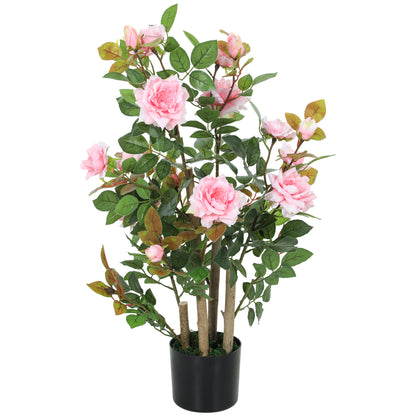 HOMCOM Artificial Rose Tree, Decorative Fake Plant with 344 Silk Leaves 17 Flowers for Outdoor Indoor Decor, Pink