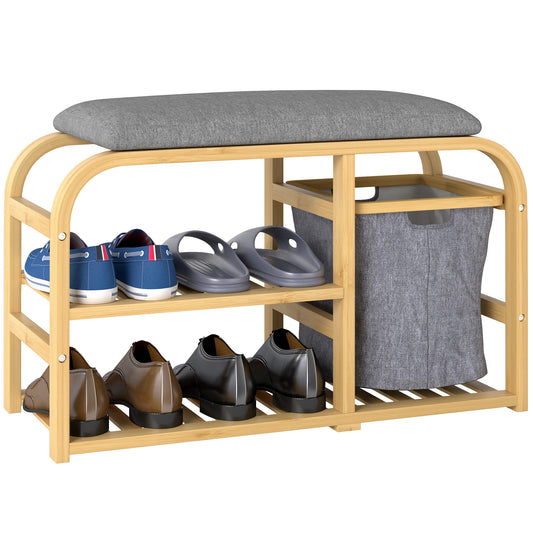 HOMCOM Bamboo Shoe Rack Storage Bench with Padded Seat - Nature Wood Finish