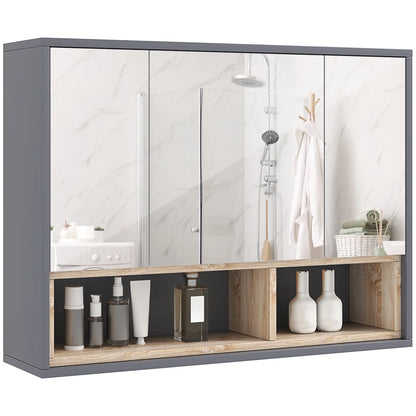 HOMCOM Bathroom Mirror Cabinet, Wall Mounted Cabinet with Mirror, 3 Doors & Cupboards, Grey