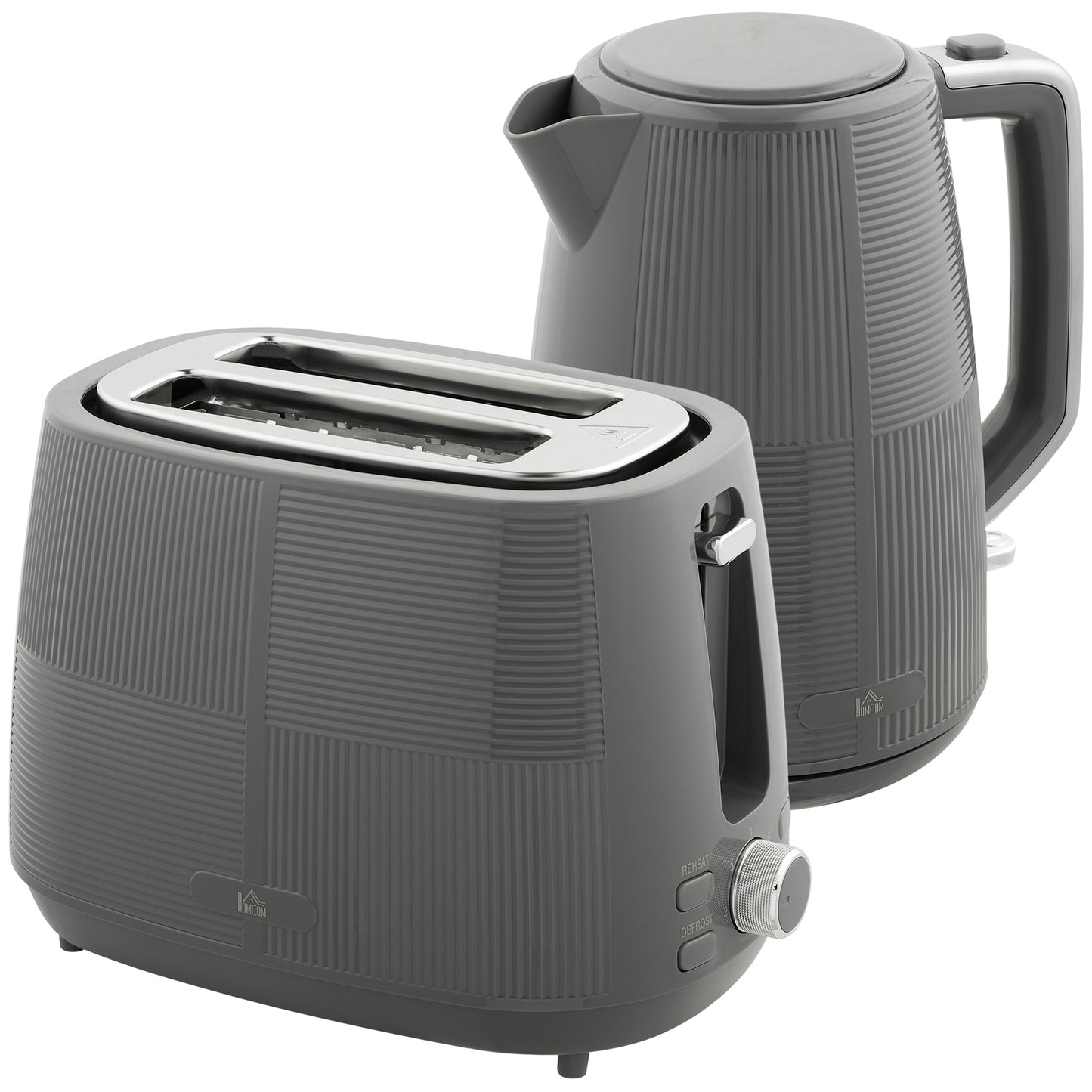 HOMCOM Fast Boil Kettle and 2 Slice Toaster Kitchen Set, 1.7L 3000W with 7 Level Browning Controls, Grey