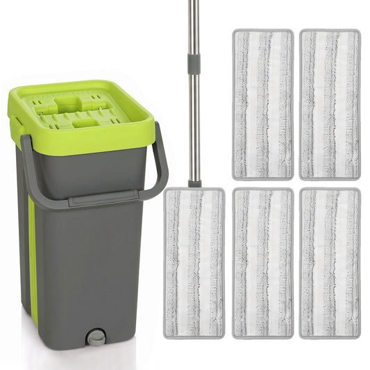 HOMCOM Flat Mop and Bucket with Wringer Set & 2 Chambers, Wet & Dry Use, Dark Grey