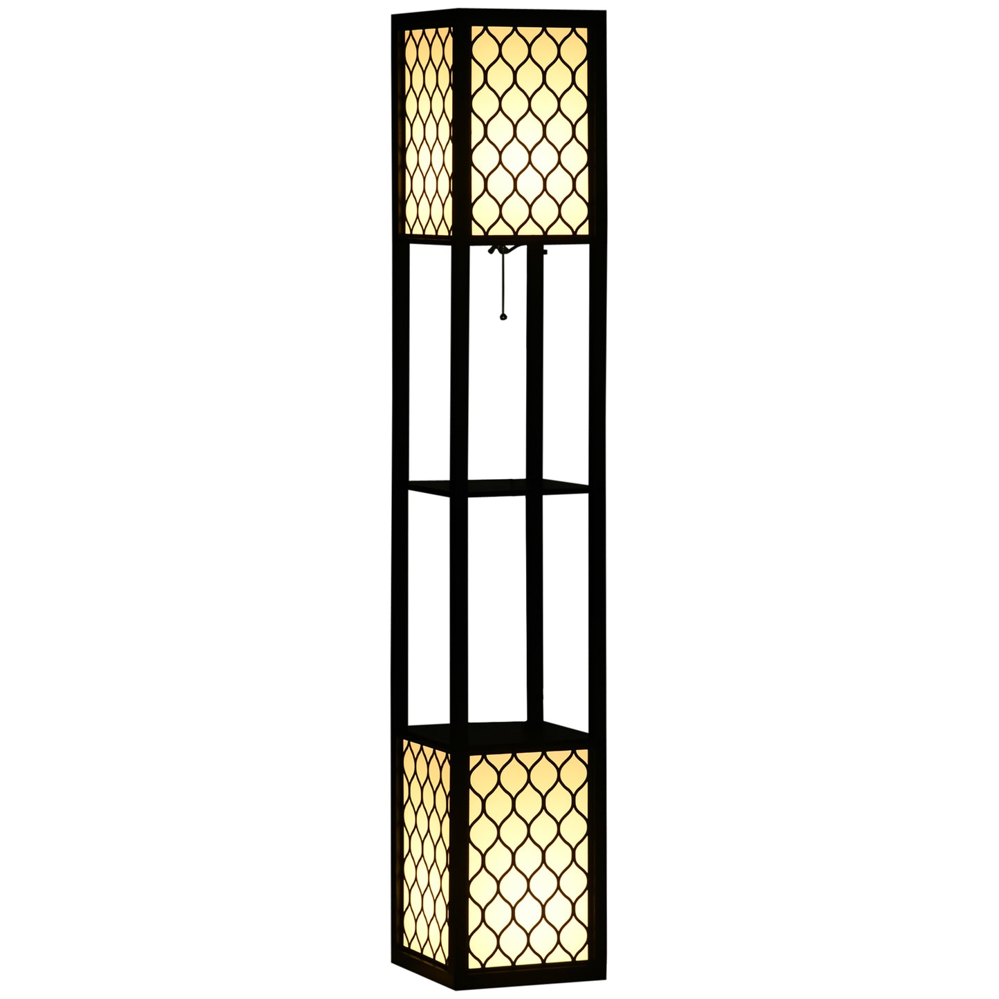 HOMCOM Floor Lamp with Shelves, Modern Tall Standing Lamp with Fabric Lampshade and Dual Light, Black