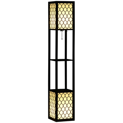 HOMCOM Floor Lamp with Shelves, Modern Tall Standing Lamp with Fabric Lampshade and Dual Light, Black