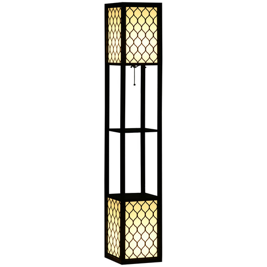 HOMCOM Floor Lamp with Shelves, Modern Tall Standing Lamp with Fabric Lampshade and Dual Light, Black