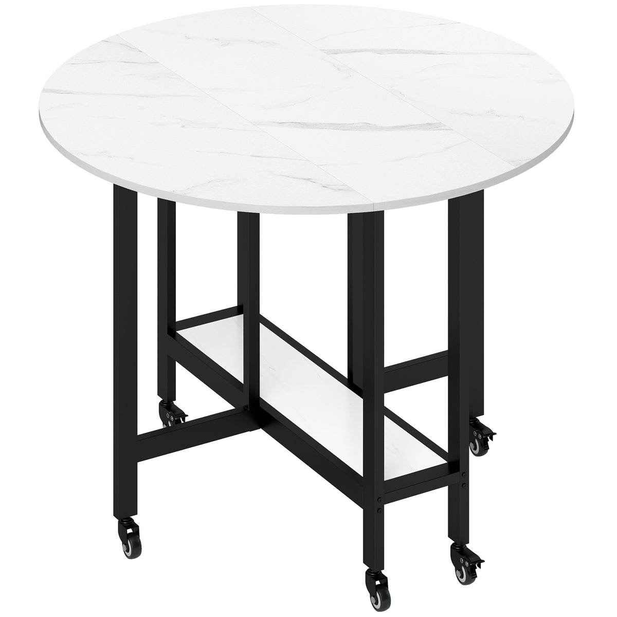 HOMCOM Folding Dining Table, Drop Leaf Table with Open Shelf, Rolling Kitchen Table for Small Spaces, White Marble